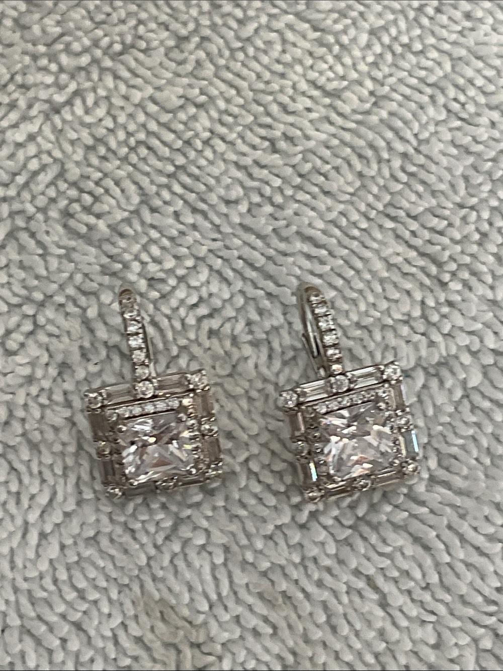 Sterling Silver 925 CZ Princess Cut Double Halo Baguette Leverback Earrings - Picture 7 of 7
